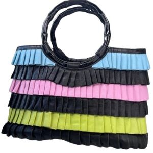 Inge Handbag Purse Satchel Leather Tiered Ruffles Black Blue Pink Green Bamboo